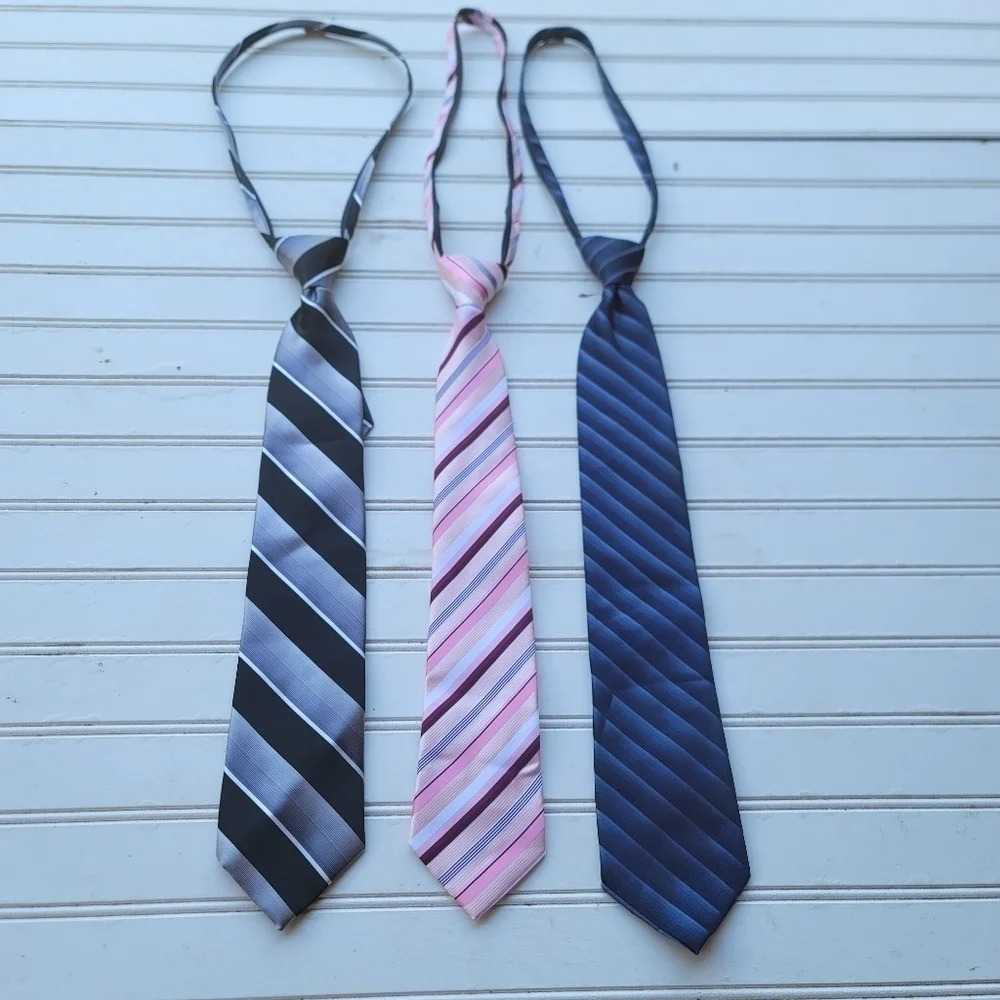 Lot Of 3 George Neck Tie Blue Black Pink Striped Zippered 100% Polyester Easy